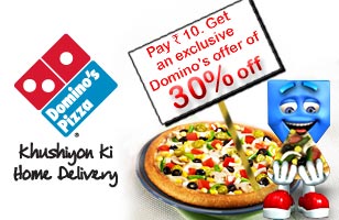 Rs.10 for 30% off on an online order of minimum bill of Rs.350 at Domino's Pizza