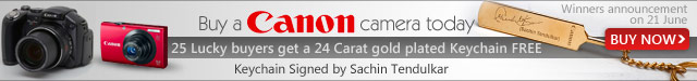 Buy a Canon camera today & 25 lucky buyers get a 24 carat Gold  plated keychain signed by Sachin Tendulkar