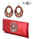 Favola Oval Wooden Earrings And Red Clutch Combo