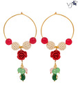 Vatika Glamorous Red Coral Flower Fusion Stone Kundan Earrings
