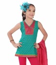 Twisha Sea Green & Dark Pink Printed Kurti With Free Gulal For Kids