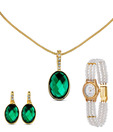 Oleva AD & Faceted Green Crystal Elegant Pendent Set & Pearl Watch Combo