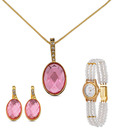 Oleva AD & Faceted Pink Crystal Elegant Pendent Set & Pearl Watch Combo