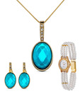 Oleva AD & Faceted Blue Crystal Elegant Pendent Set & Pearl Watch Combo