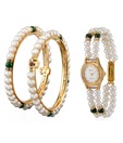 Oleva Pair of Pearl Bangles & Pearl Watch Combo