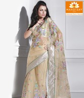 MohManthan Cream Net Embroidered Saree With Unstitched Blouse