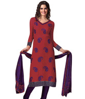 Prafful Red & Purple Unstitched Suit With Dupatta