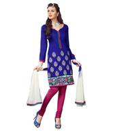 Fabdeal Blue-Wine Cotton Embroidered Unstitched Suit With Dupatta