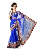 Designersareez Royal Blue Net Embroidered Saree