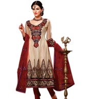 Prafful Cream-Rust Embroidered Unstitched Suit With Dupatta