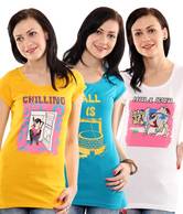 T-Go Blue & White & Yellow Cotton Tees Pack Of 3