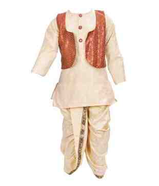 Kilkari Cream Dhoti Kurta With Orange Brocade Jacket For Kids For Kids
