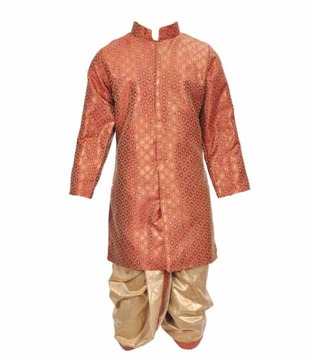 Kilkari Maroon Brocade Sherwani & Shimmer Dhoti For Kids