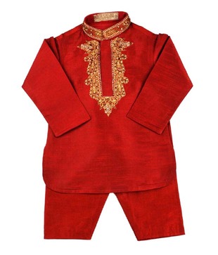 Raja Sahab Red & White Traditional Wear Set For Kids