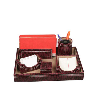 1Click1Call Leatherite Table Set (Tray, Letter Stand, Slip Case, Paper Weight, Card Stand and Tumbler)