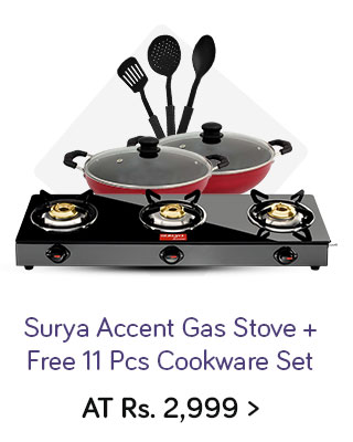 Surya Accent 3 Burner Glasstop Gas Stove + Free 11 Pcs Non Stick Cookware Combo Set