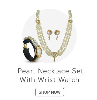 Classique Designer Jewellery Golden Finish Pearl Necklace Set With Wrist Watch