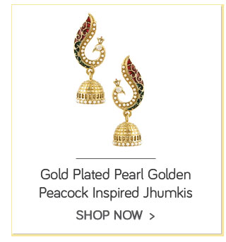 Voylla Alloy Gold Plated Pearl Golden Peacock Inspired Jhumkis