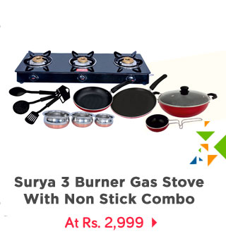 Surya Accent 3 Burner Glasstop Gas Stove + Free 11 Pc Non Stick Bumper Combo